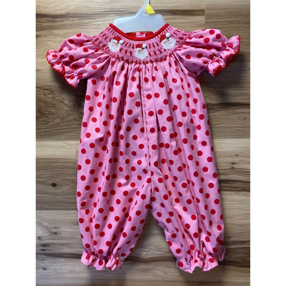 Southern Sunshine Smocked Santa Christmas Romper Pink Red Polka Dot 9M FH22-3723